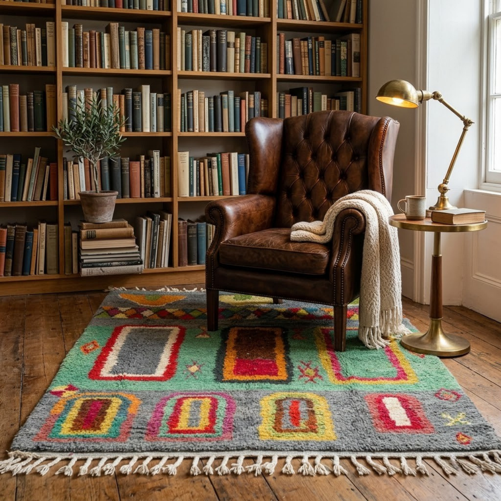 Handmade Moroccan Wool Rug Azilal Style | Architectural Portals & Arches in Slate Grey & Mint Green Atlas Carpet