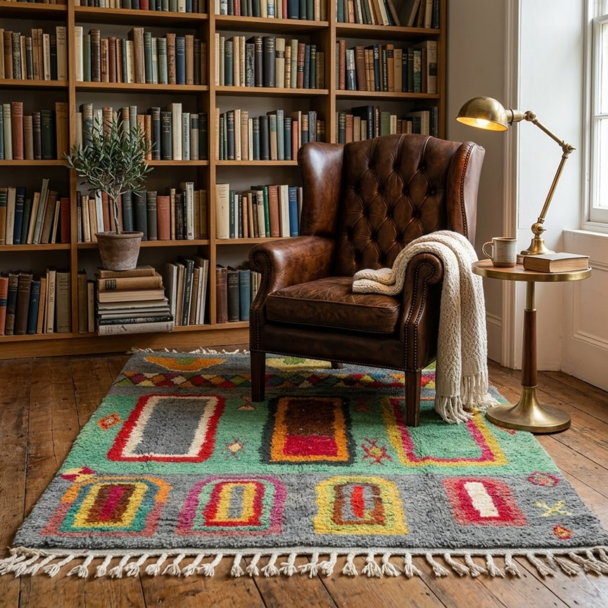 Handmade Moroccan Wool Rug Azilal Style | Architectural Portals & Arches in Slate Grey & Mint Green Atlas Carpet