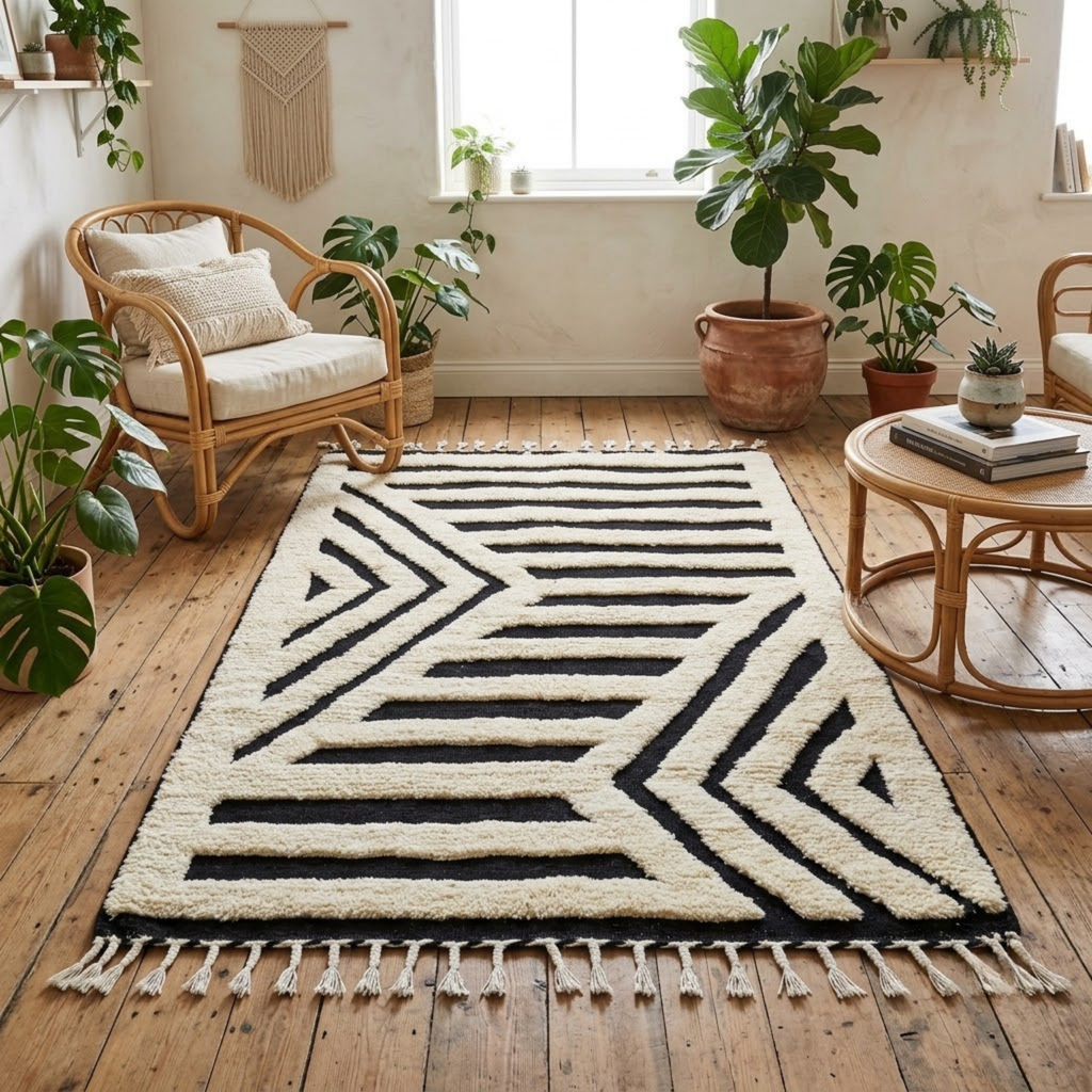 Handmade Moroccan Wool Rug Contemporary Beni Ourain Style | Black & White Striped Chevron Geometric Atlas Carpet