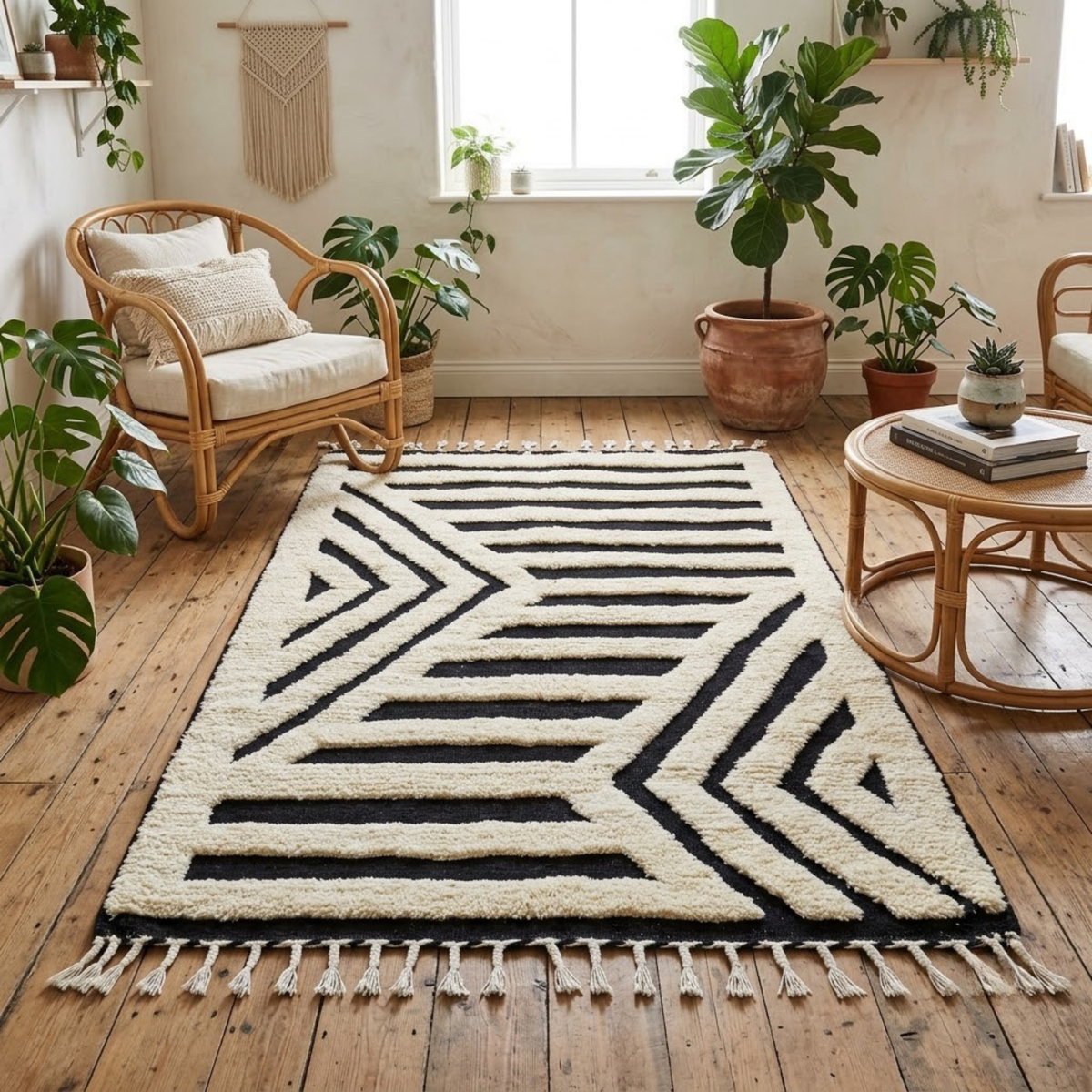 Handmade Moroccan Wool Rug Contemporary Beni Ourain Style | Black & White Striped Chevron Geometric Atlas Carpet