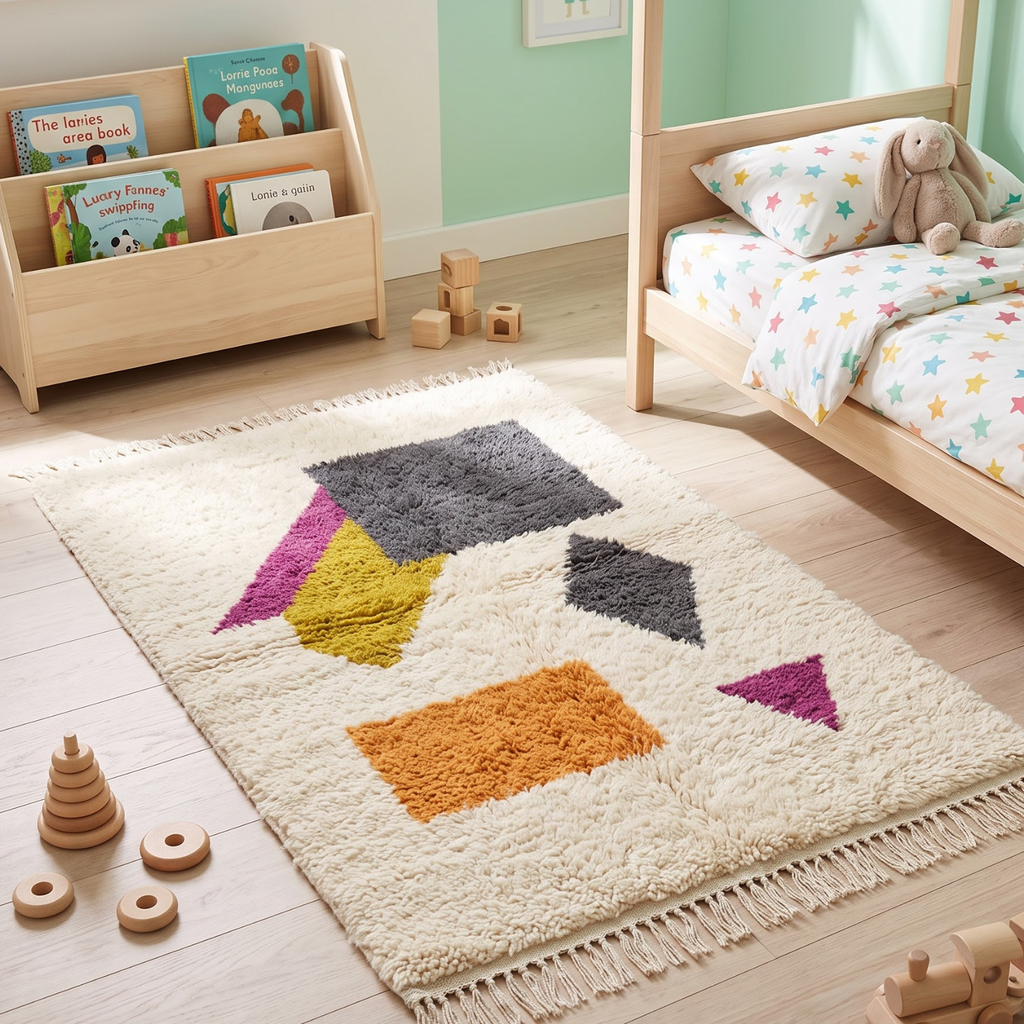 Handmade Moroccan Wool Rug Abstract Geometric Color Block | Modern Bauhaus Inspired Atlas Berber Carpet