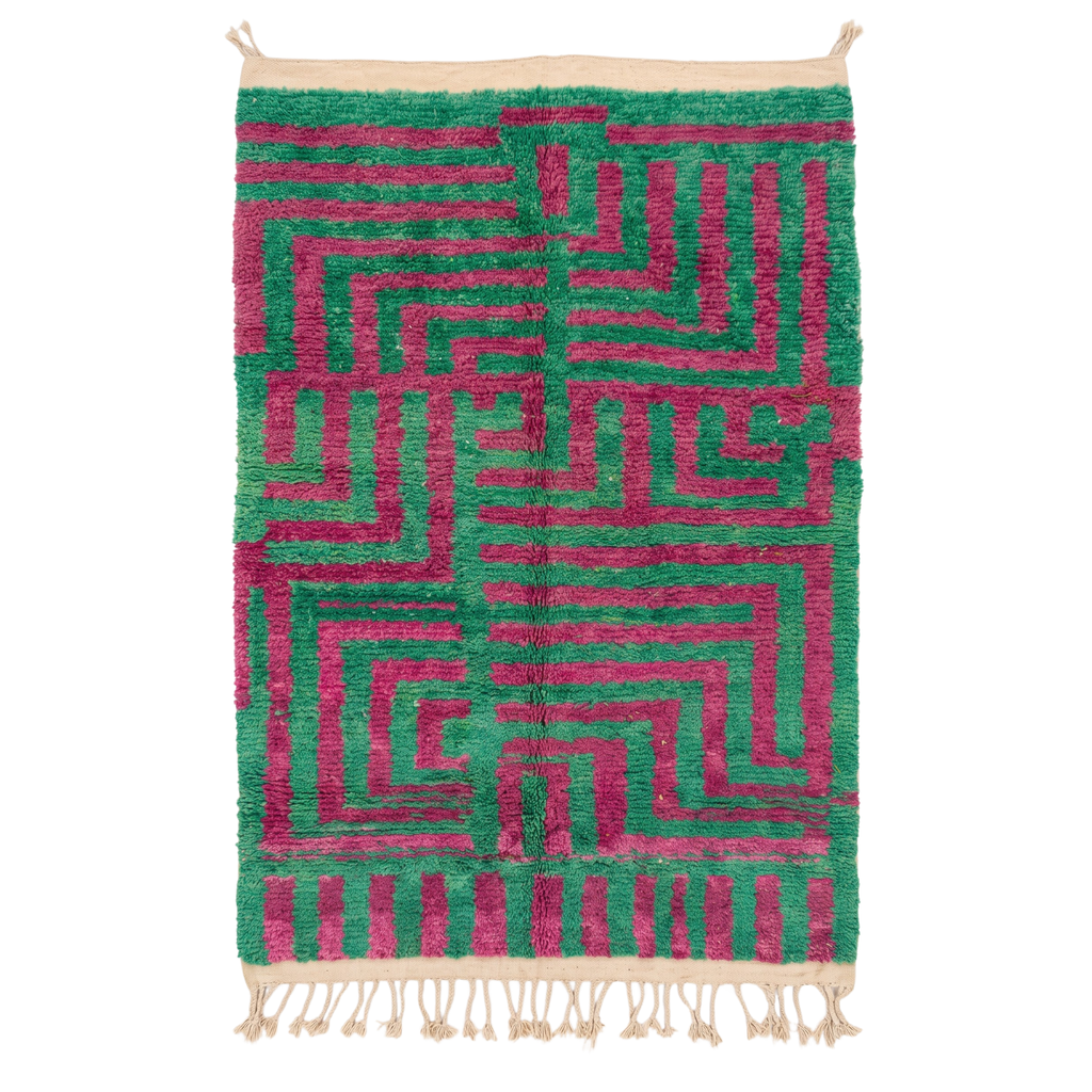 Handmade Moroccan Wool Rug Boujaad / Azilal Style | Emerald Green & Magenta Geometric Maze Atlas Carpet