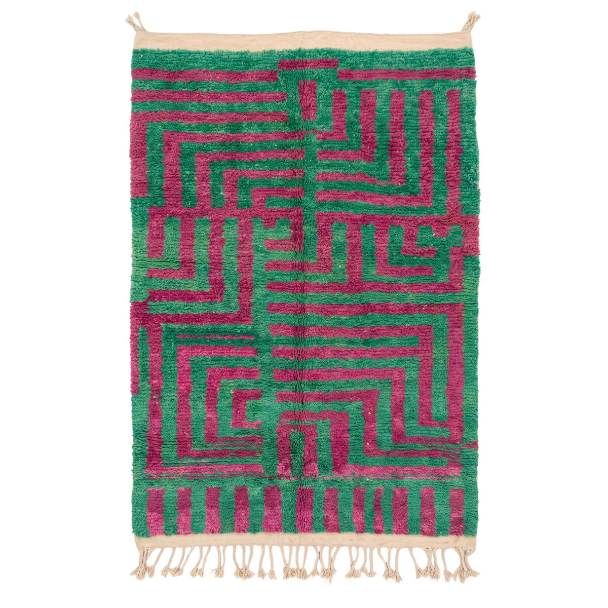 Handmade Moroccan Wool Rug Boujaad / Azilal Style | Emerald Green & Magenta Geometric Maze Atlas Carpet
