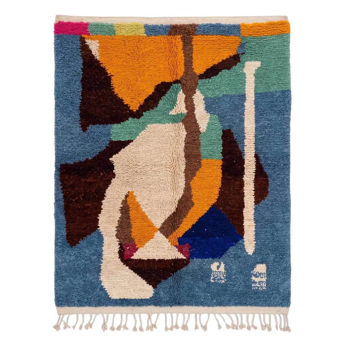 Handmade Moroccan Wool Rug Azilal Style | Abstract Cubist Art Composition in Denim Blue, Ochre & Sage Atlas Carpet