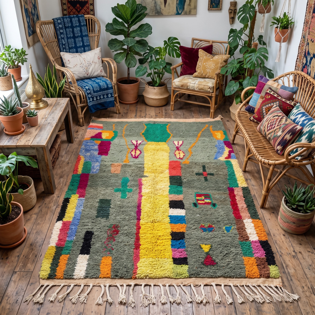 Handmade Moroccan Wool Rug Azilal Style | Sage Olive Green with Tree of Life & Berber Motifs Atlas Carpet