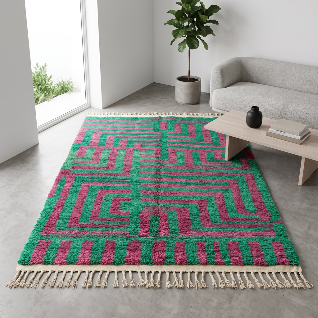 Handmade Moroccan Wool Rug Boujaad / Azilal Style | Emerald Green & Magenta Geometric Maze Atlas Carpet