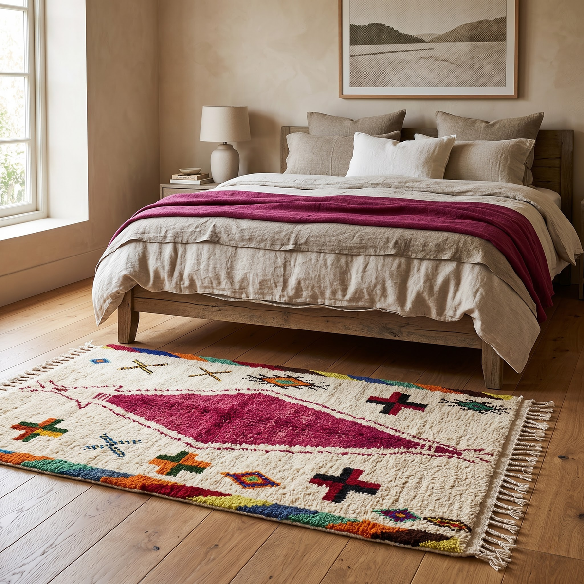 Handmade Moroccan Wool Rug Azilal Style | Magenta Centerpiece & Tribal Cross Symbols on Cream Atlas Carpet