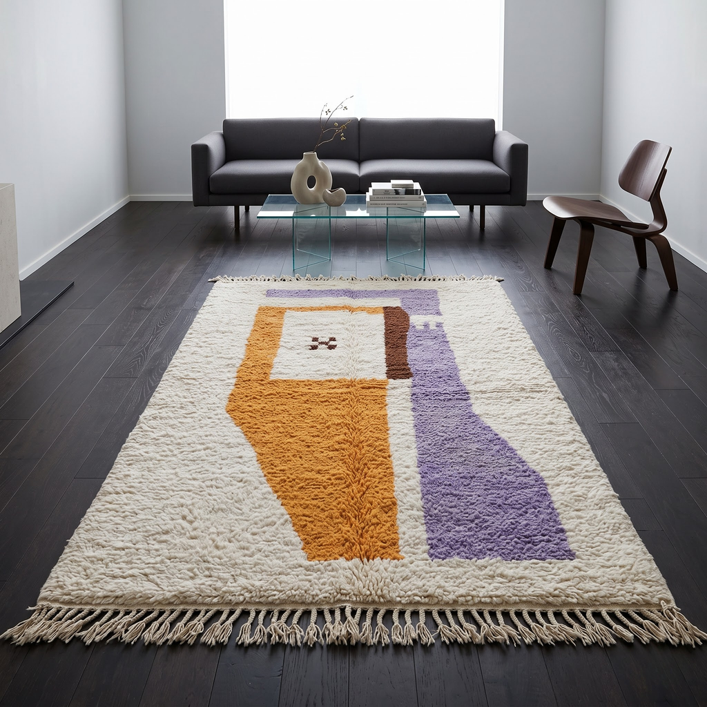 Handmade Moroccan Wool Rug Azilal Style | Abstract Minimalist Color Block in Lavender, Ochre & Cream Atlas Carpet