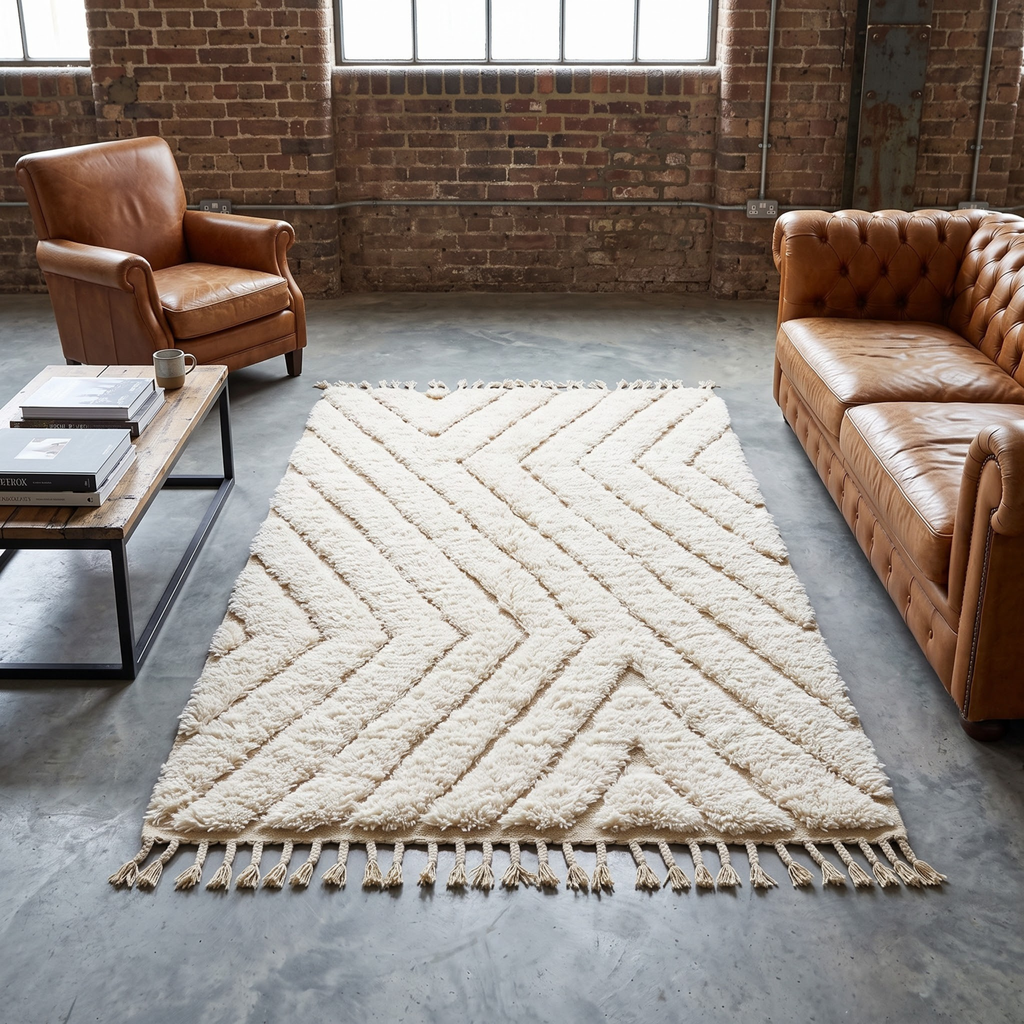 Handmade Moroccan Wool Rug Beni Ourain Style | High-Low 3D Textured Chevron Pattern in Cream & Sand