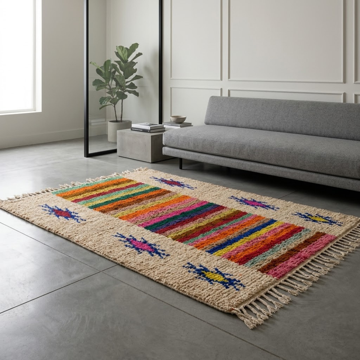 Handmade Moroccan Wool Rug Azilal Style | Multicolor Striped Center & Protective Talismans on Sand Atlas Carpet