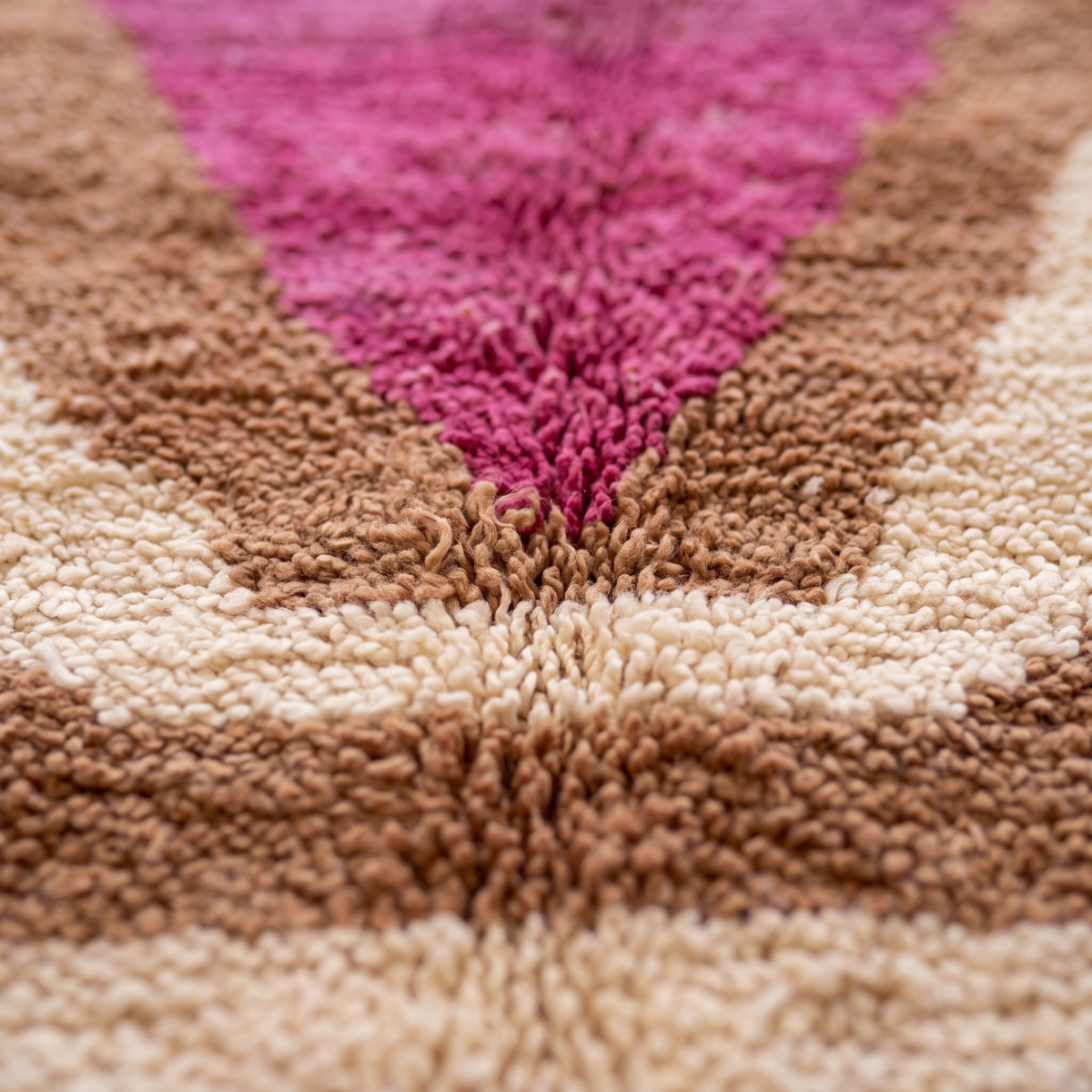 Handmade Moroccan Wool Rug Azilal Style | Caramel Wave Motif with Magenta Focal Point Atlas Carpet