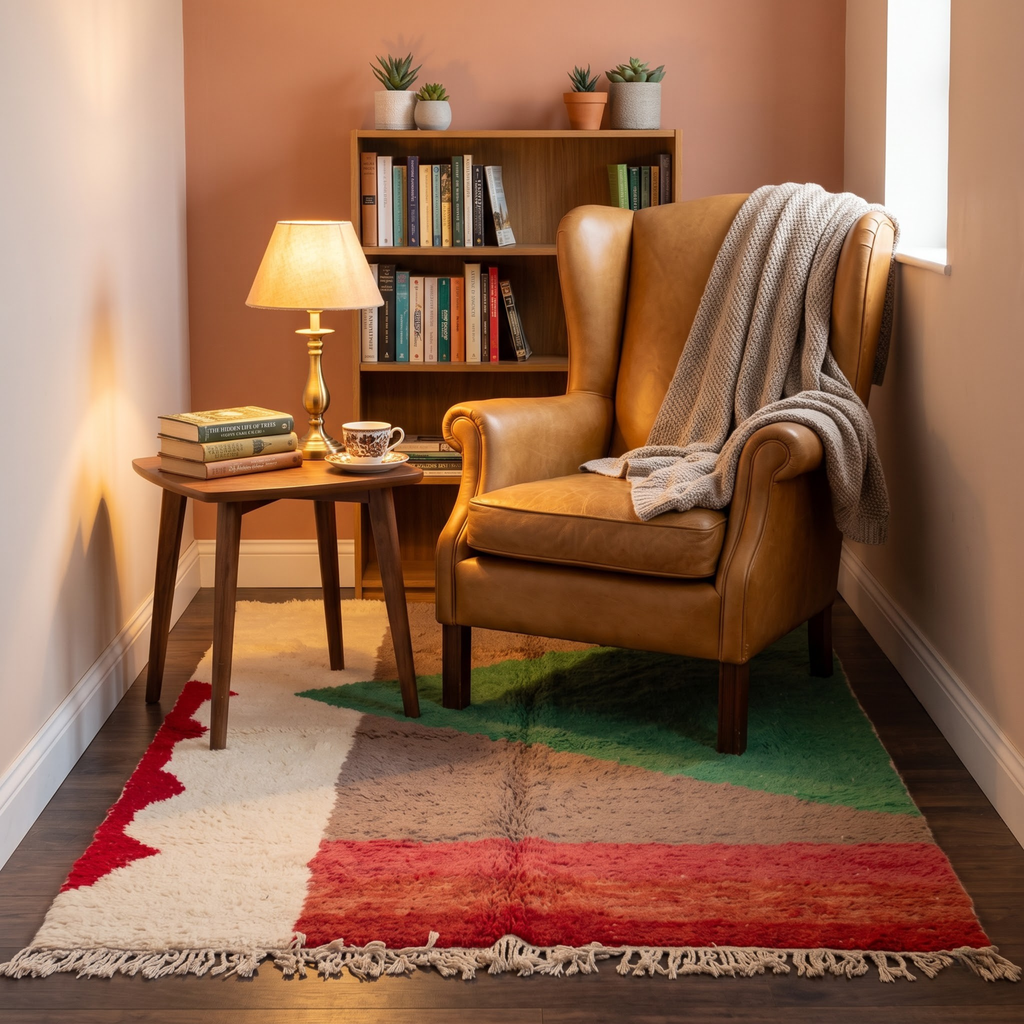 Handmade Moroccan Wool Rug Boujaad / Azilal Style | Abstract Color Block in Forest Green, Taupe & Terracotta Atlas Carpet