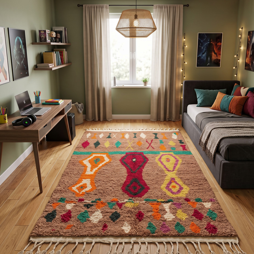 Handmade Moroccan Wool Rug Azilal / Boujaad Style | Mocha Brown Field with Tribal Urn & Talisman Motifs Atlas Carpet