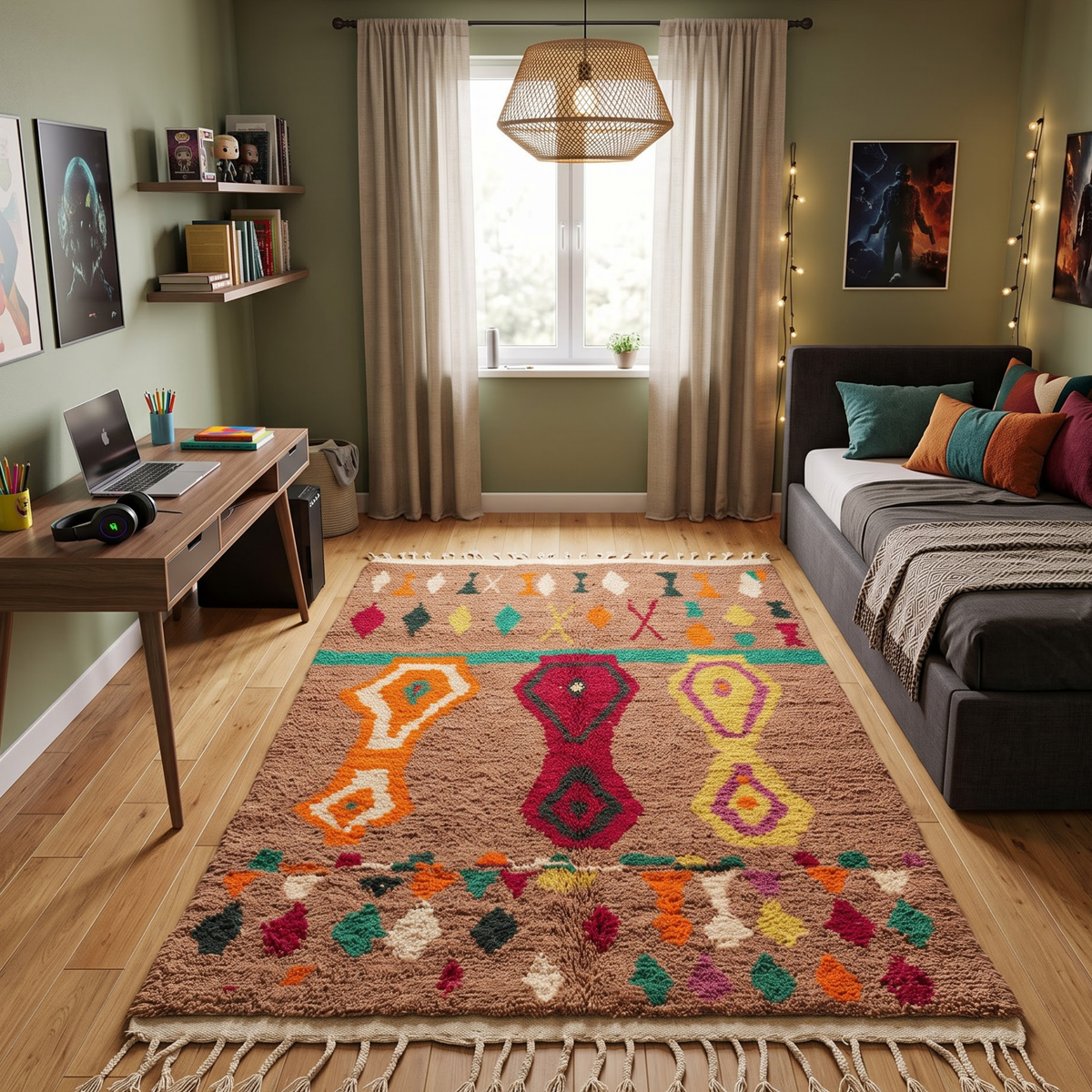Handmade Moroccan Wool Rug Azilal / Boujaad Style | Mocha Brown Field with Tribal Urn & Talisman Motifs Atlas Carpet