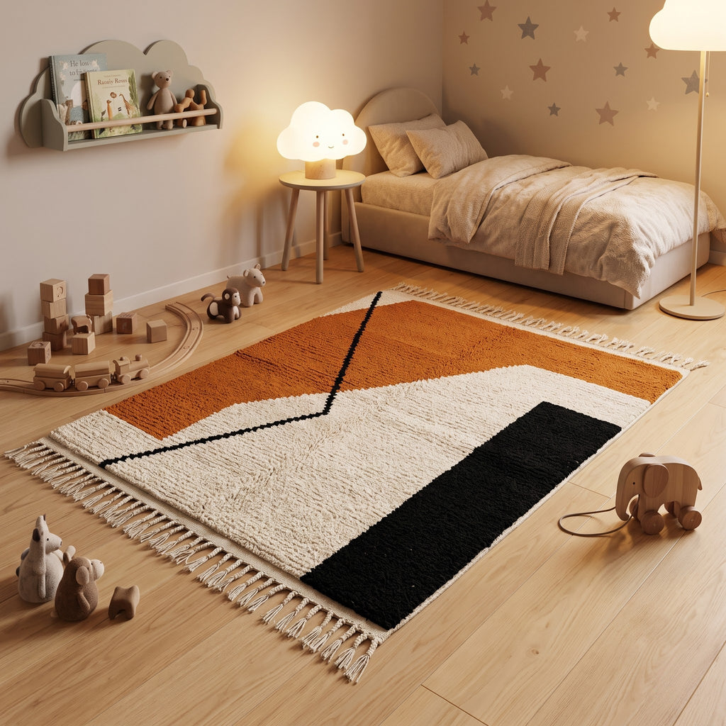 Handmade Moroccan Wool Rug Contemporary Azilal Style | Geometric Color Block in Mustard Ochre, Charcoal & Ivory Atlas Carpet