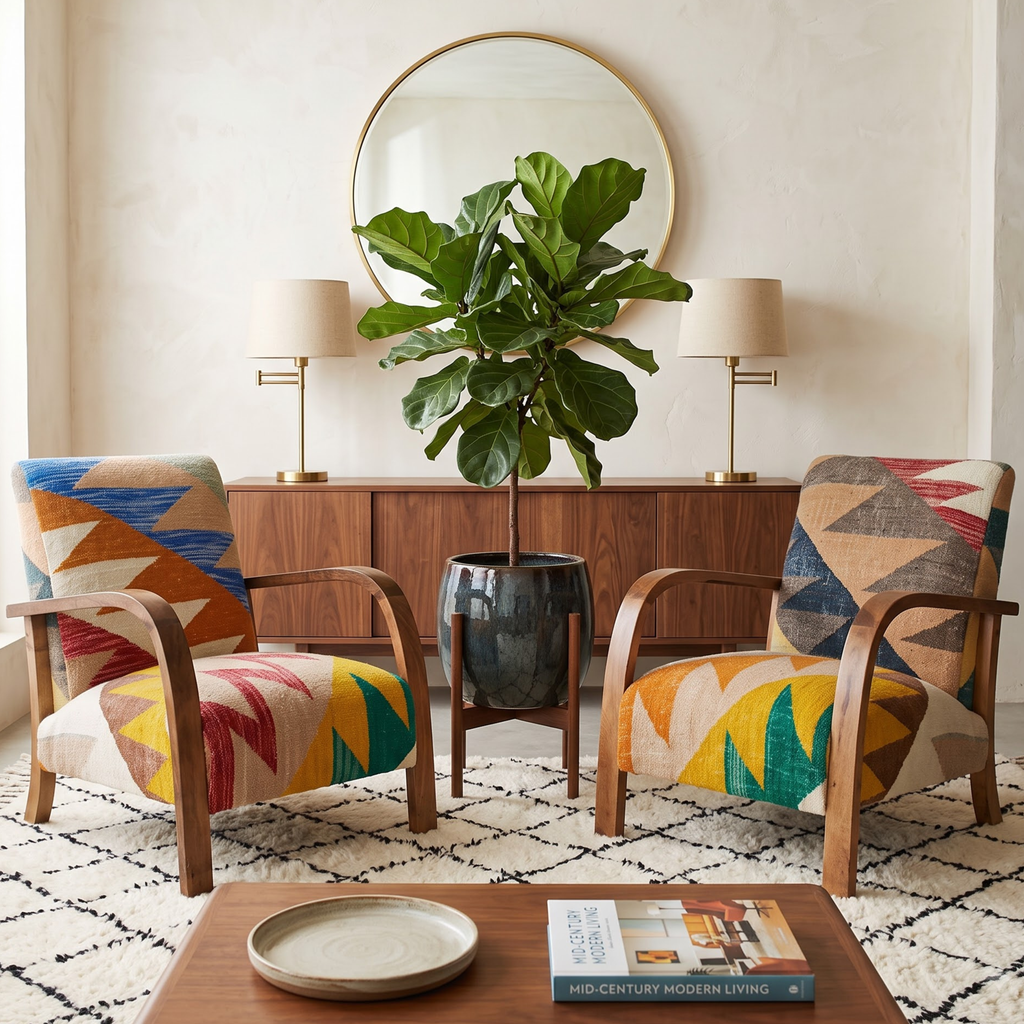Mid-Century Accent Chair in Solid Walnut & Handwoven Geometric Mosaic Moroccan Weave