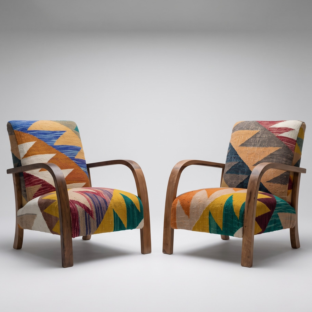 Mid-Century Accent Chair in Solid Walnut & Handwoven Geometric Mosaic Moroccan Weave