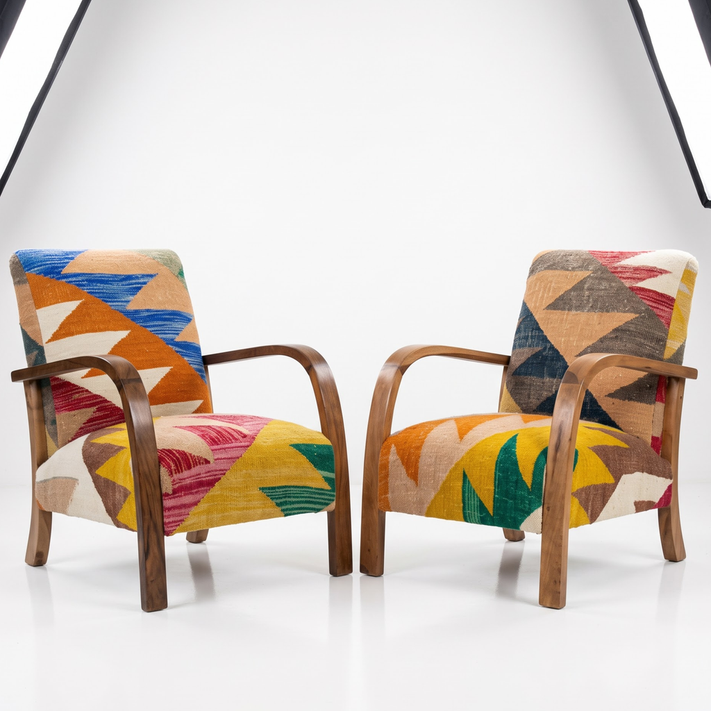 Mid-Century Accent Chair in Solid Walnut & Handwoven Geometric Mosaic Moroccan Weave