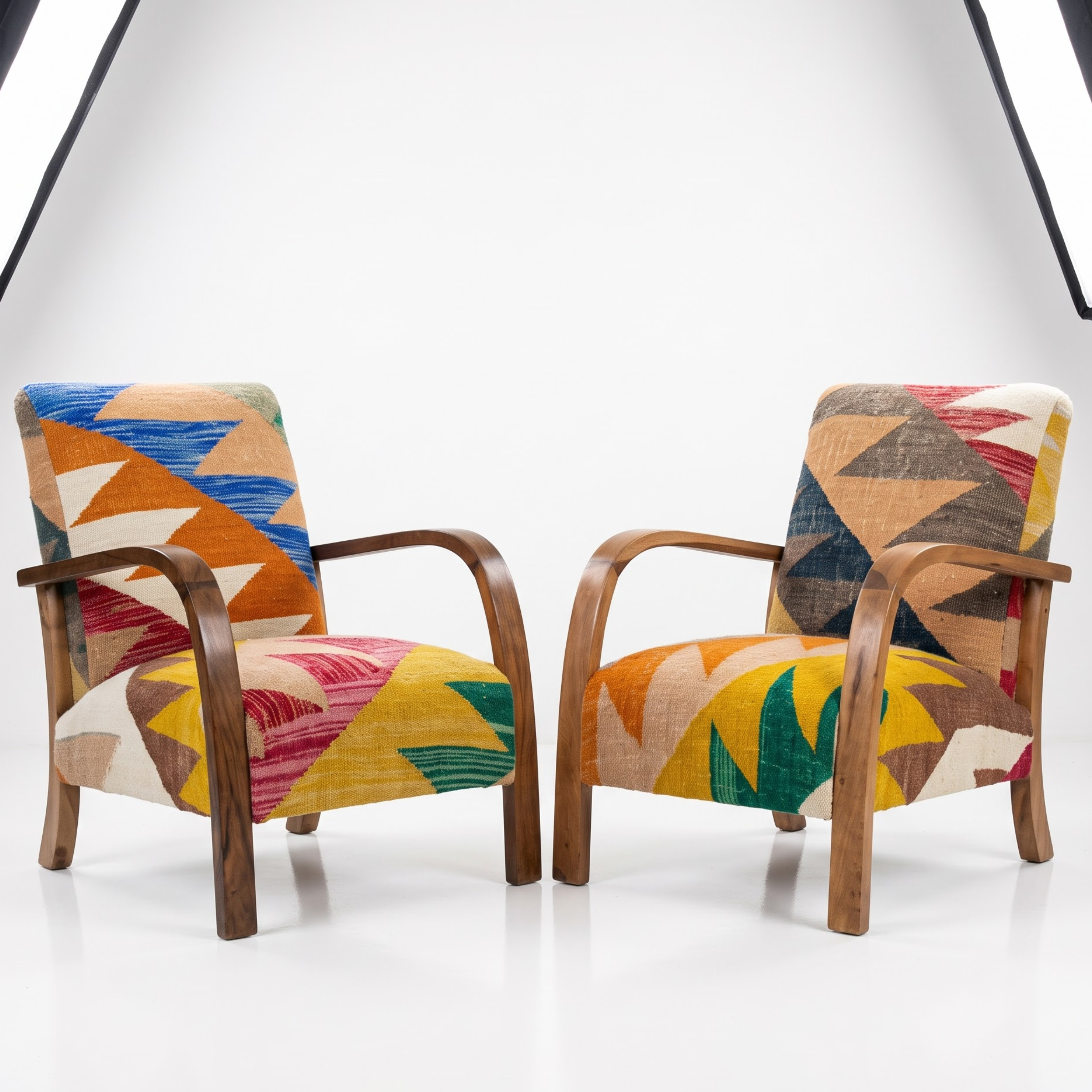 Mid-Century Accent Chair in Solid Walnut & Handwoven Geometric Mosaic Moroccan Weave