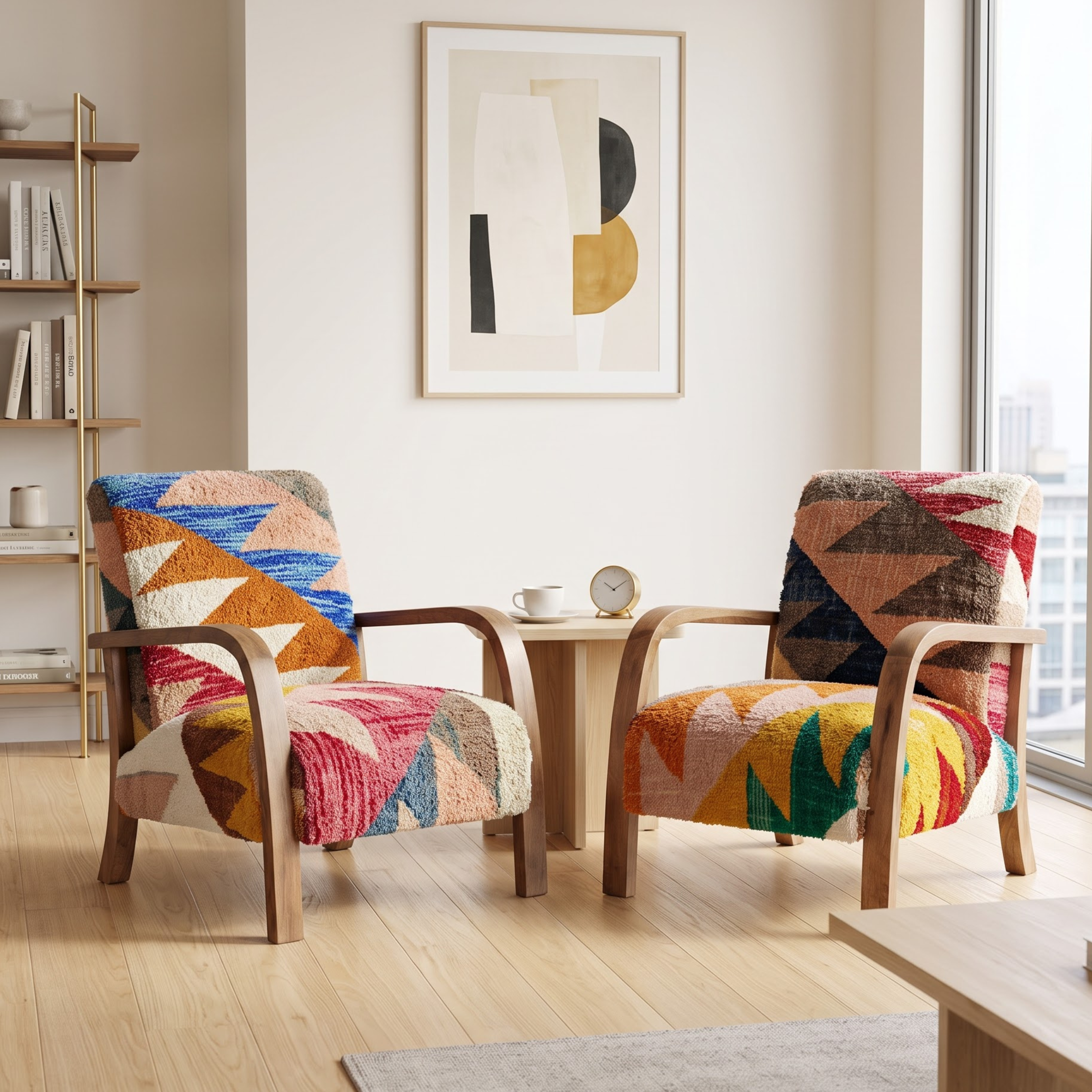 Mid-Century Accent Chair in Solid Walnut & Handwoven Geometric Mosaic Moroccan Weave