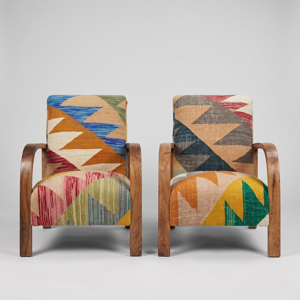 Mid-Century Accent Chair in Solid Walnut & Handwoven Geometric Mosaic Moroccan Weave