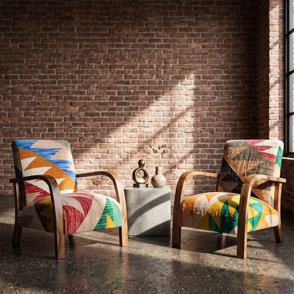 Mid-Century Accent Chair in Solid Walnut & Handwoven Geometric Mosaic Moroccan Weave