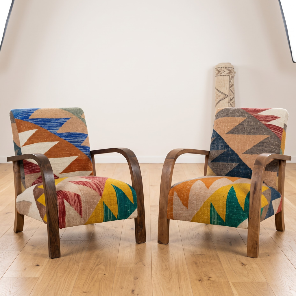 Mid-Century Accent Chair in Solid Walnut & Handwoven Geometric Mosaic Moroccan Weave