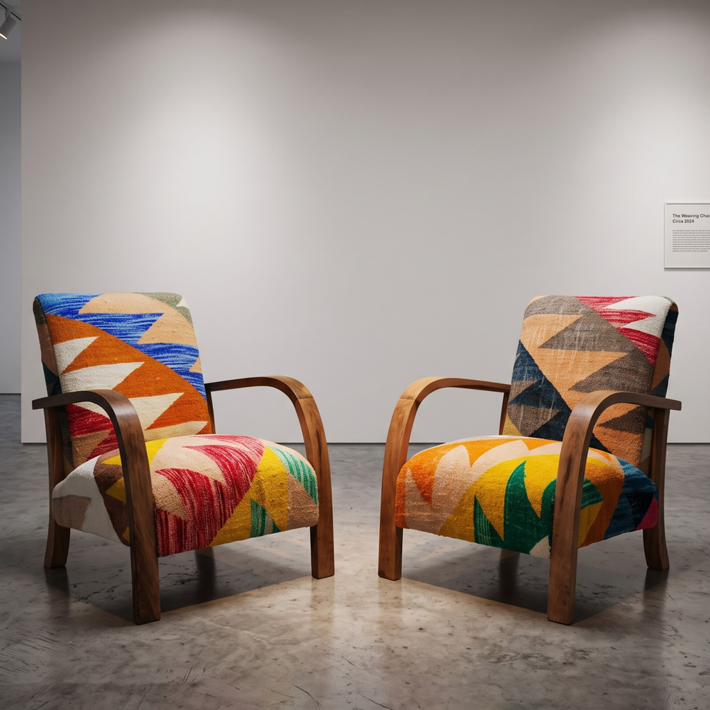 Mid-Century Accent Chair in Solid Walnut & Handwoven Geometric Mosaic Moroccan Weave