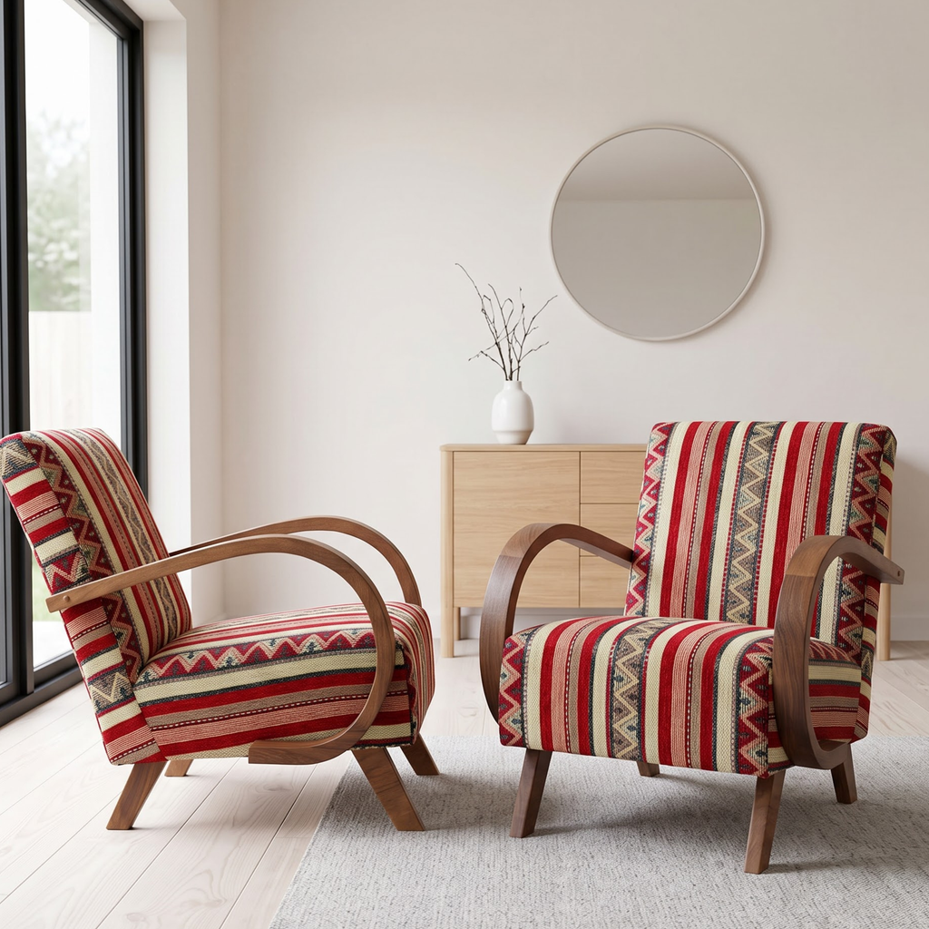 Mid-Century Accent Chair in Solid Walnut & Handwoven Moroccan Fabric