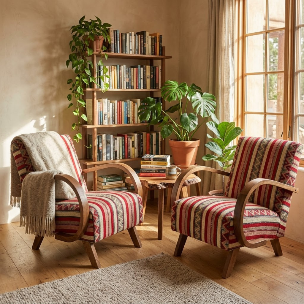 Mid-Century Accent Chair in Solid Walnut & Handwoven Moroccan Fabric