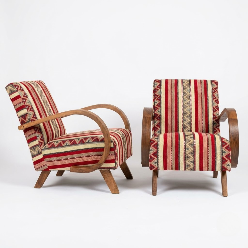 Mid-Century Accent Chair in Solid Walnut & Handwoven Moroccan Fabric