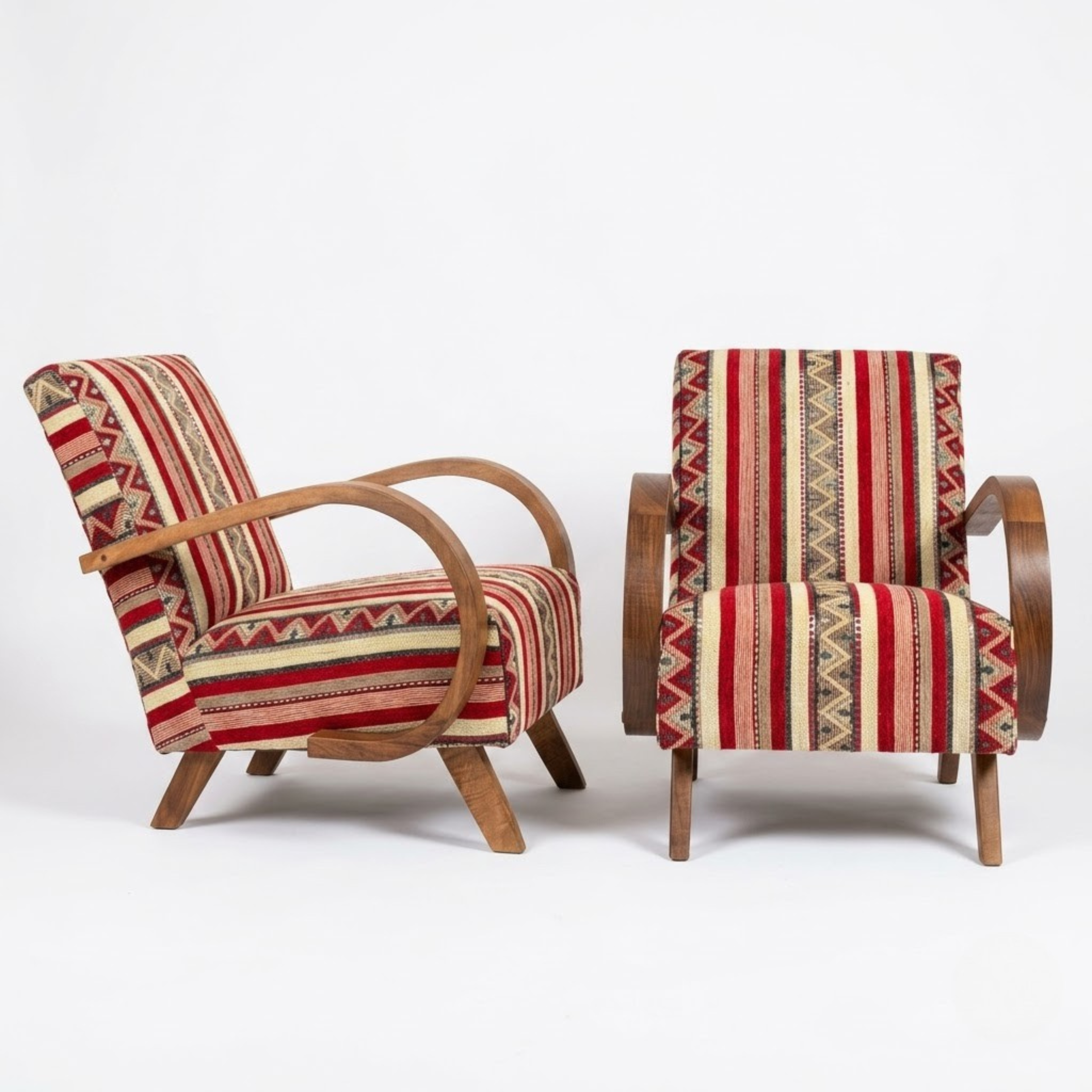 Mid-Century Accent Chair in Solid Walnut & Handwoven Moroccan Fabric