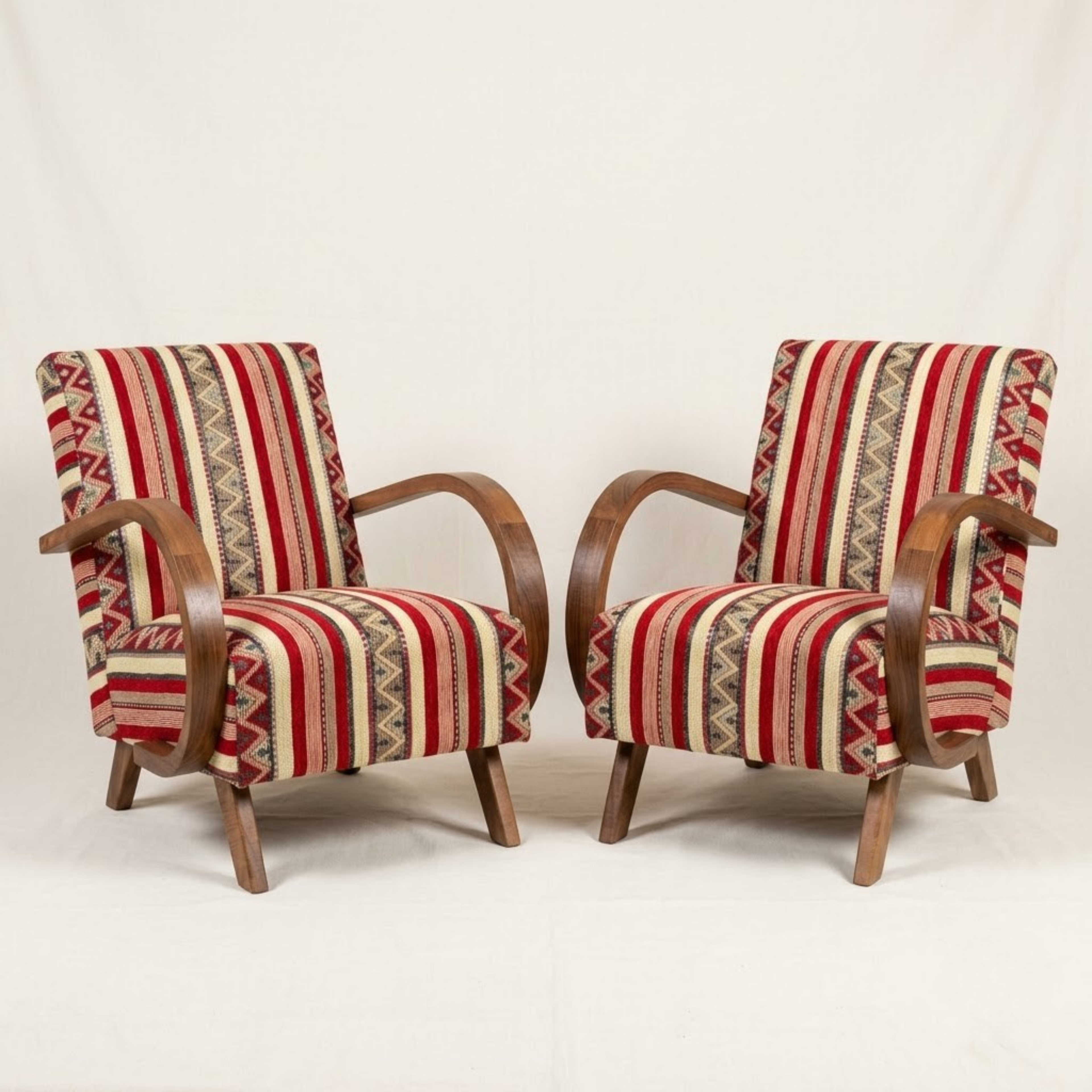 Mid-Century Accent Chair in Solid Walnut & Handwoven Moroccan Fabric