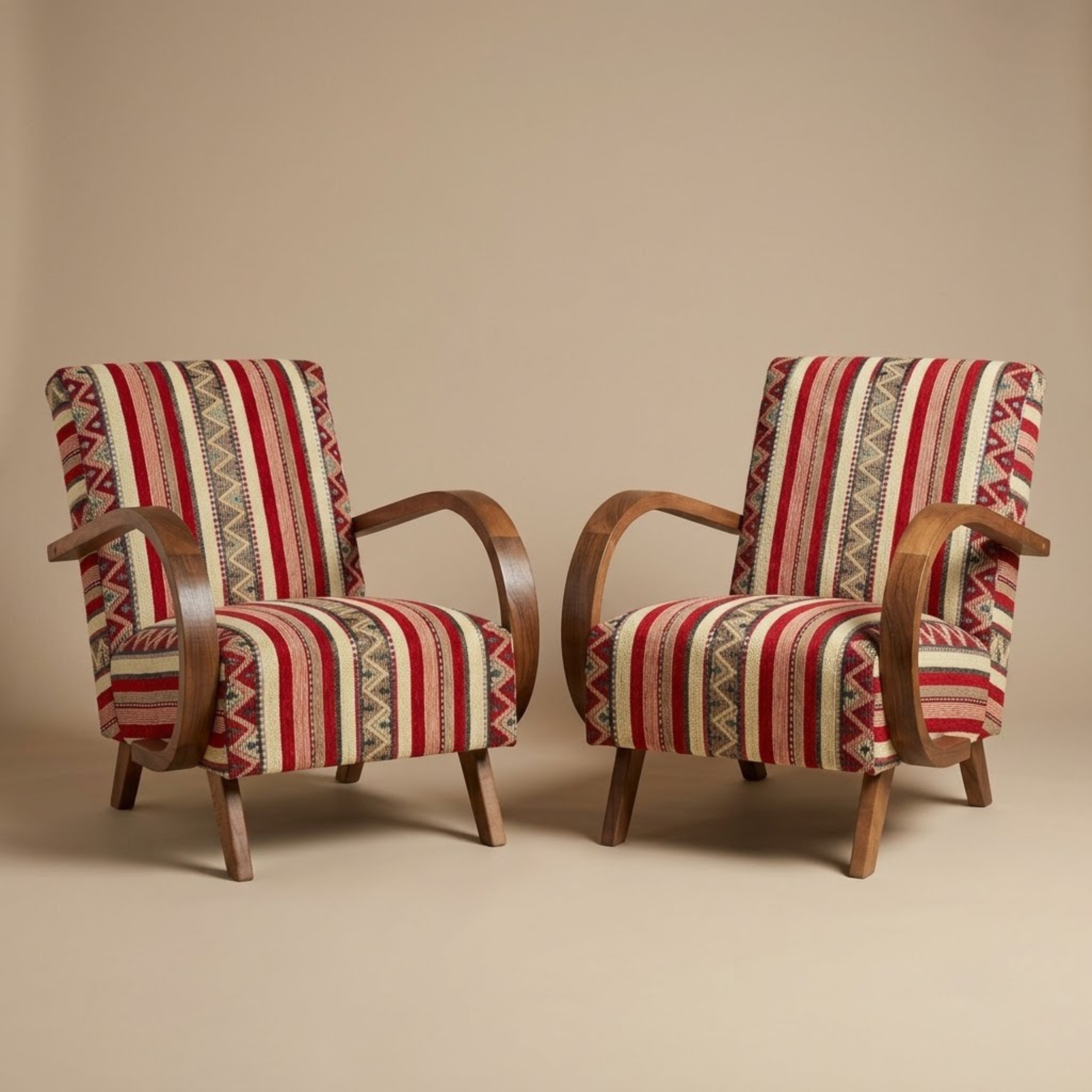 Mid-Century Accent Chair in Solid Walnut & Handwoven Moroccan Fabric