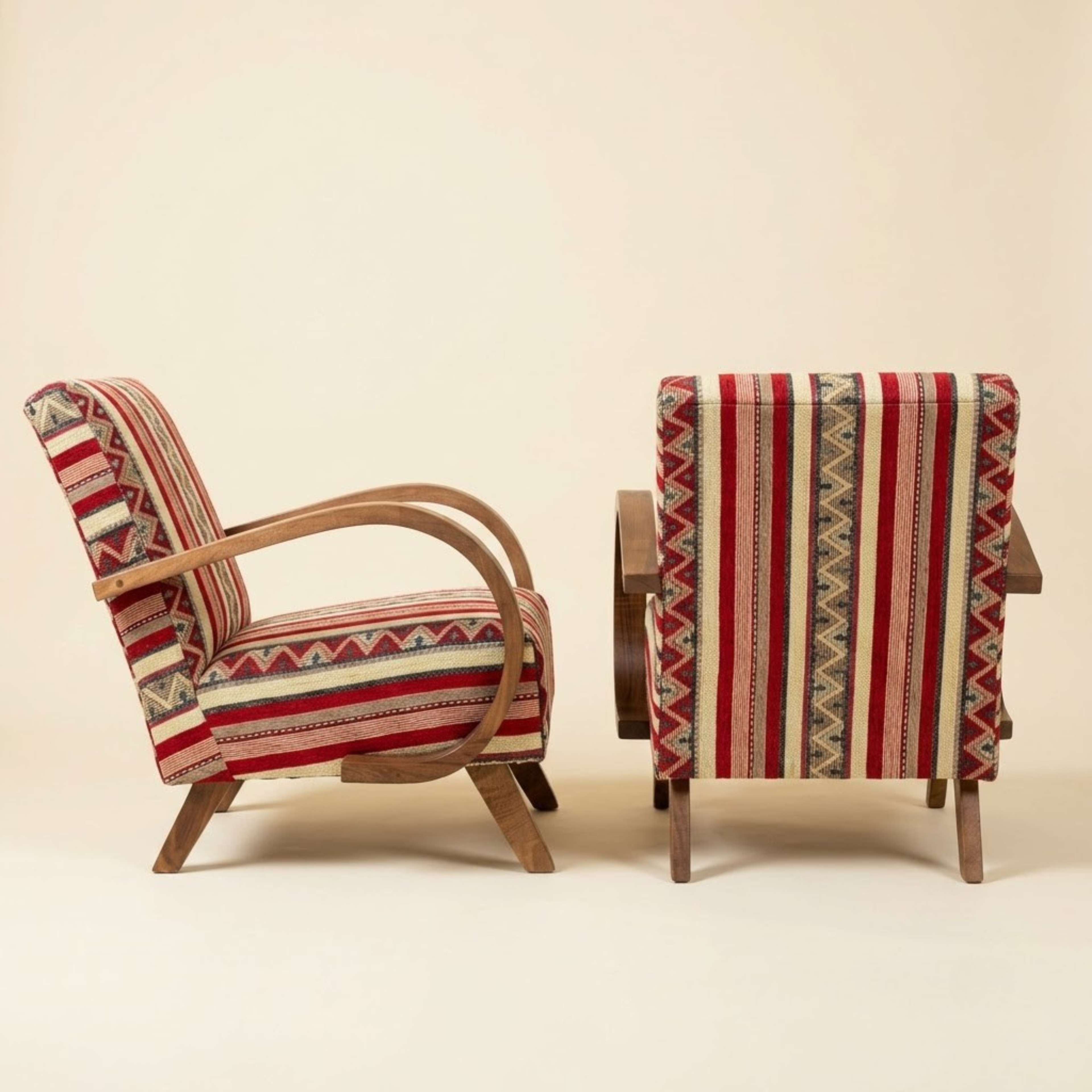 Mid-Century Accent Chair in Solid Walnut & Handwoven Moroccan Fabric