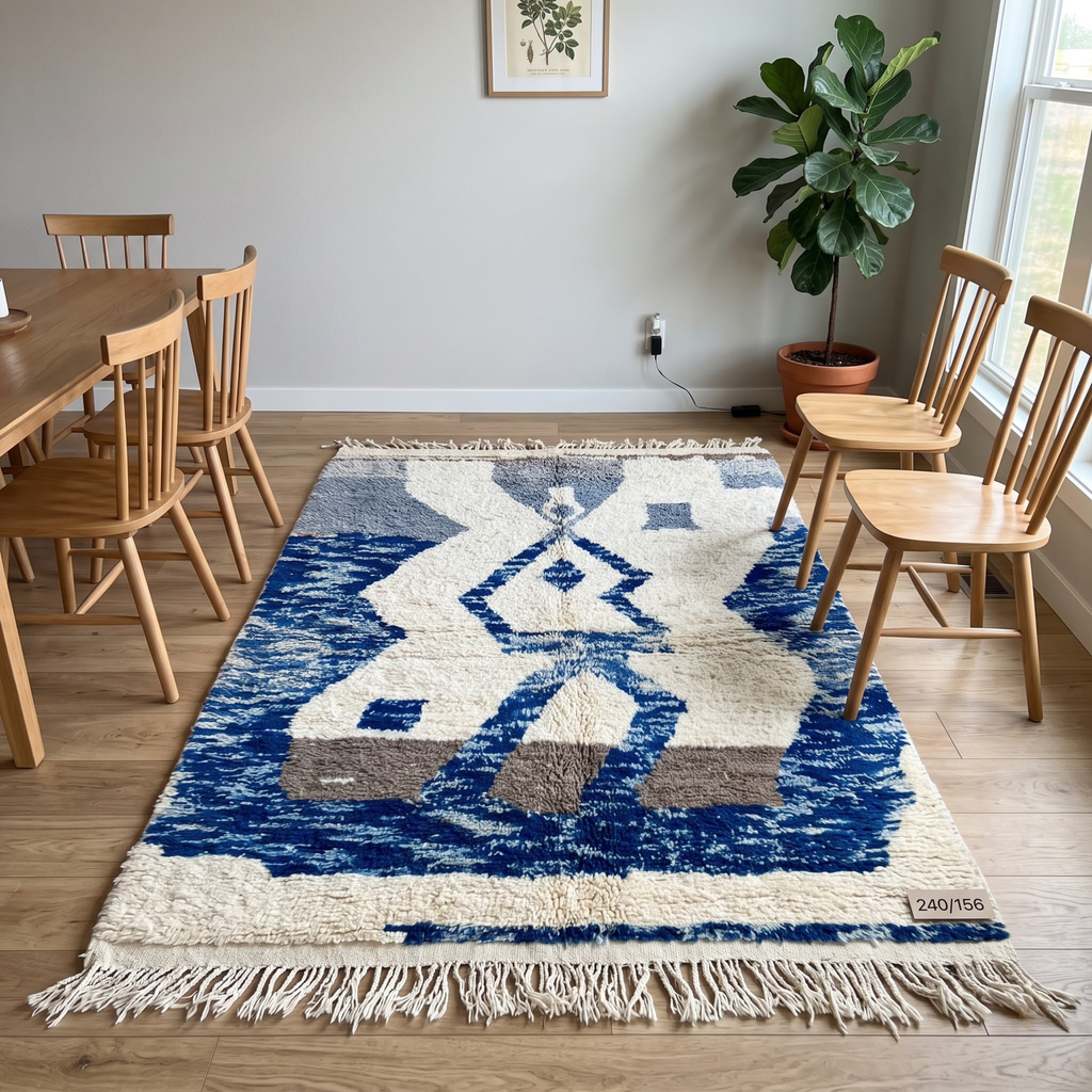 Handmade Moroccan Wool Rug – Indigo Blue & Ivory Abstract Sculptural Shag Rug