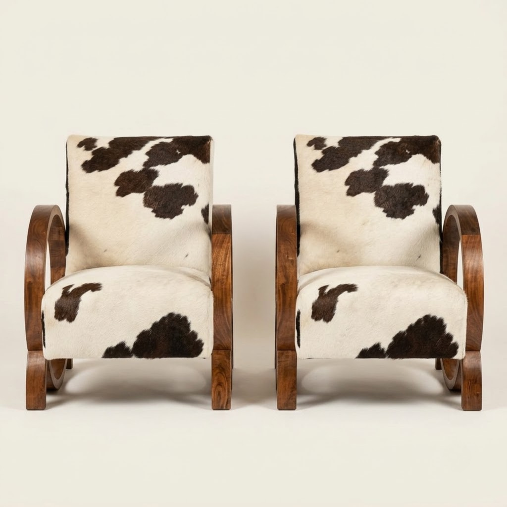 Handcrafted Moroccan Walnut Armchair with Genuine Natural Cowhide