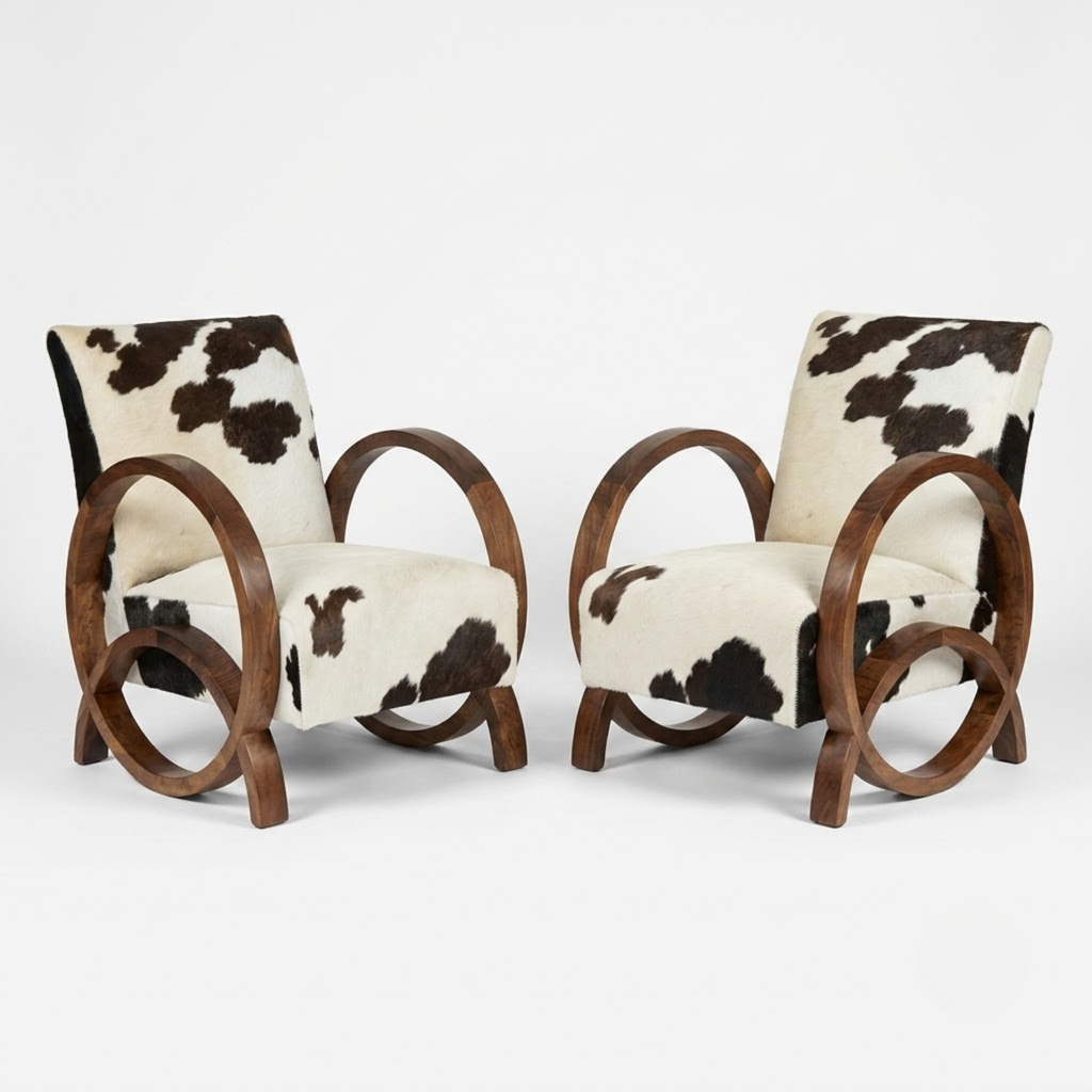 Handcrafted Moroccan Walnut Armchair with Genuine Natural Cowhide
