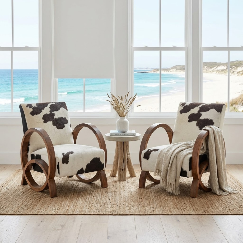 Handcrafted Moroccan Walnut Armchair with Genuine Natural Cowhide