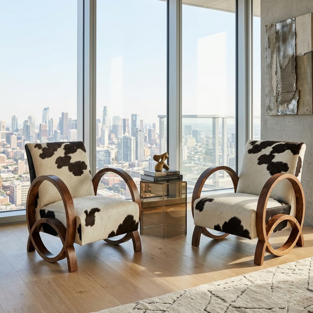 Handcrafted Moroccan Walnut Armchair with Genuine Natural Cowhide