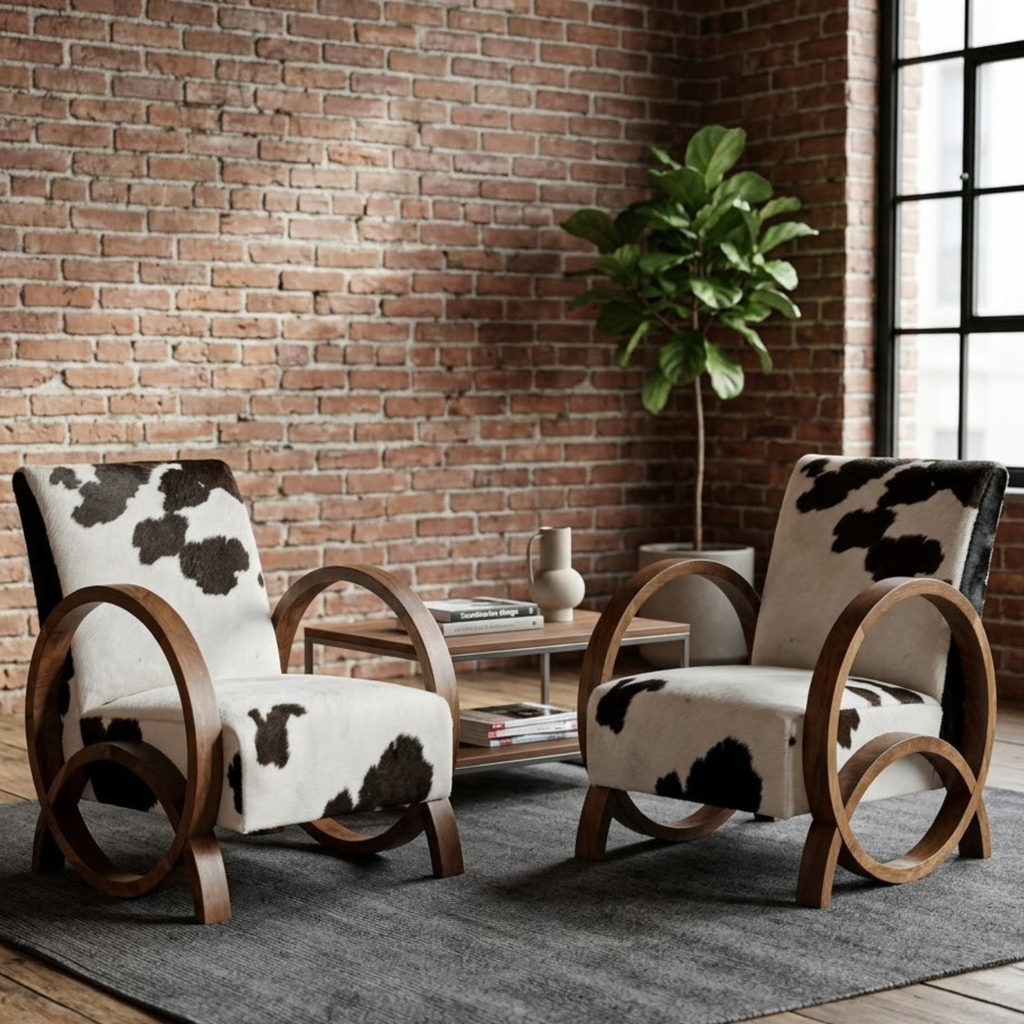 Handcrafted Moroccan Walnut Armchair with Genuine Natural Cowhide
