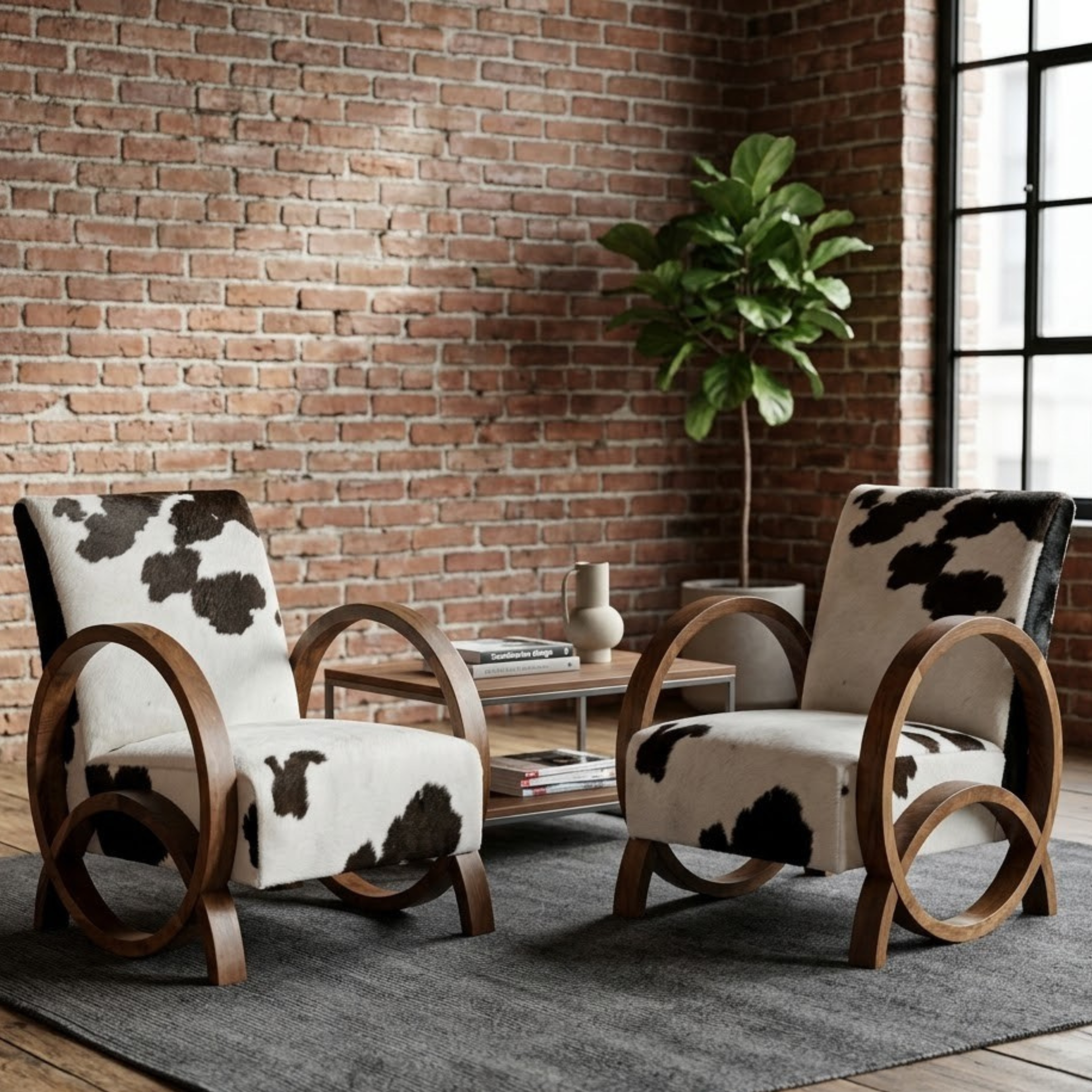 Handcrafted Moroccan Walnut Armchair with Genuine Natural Cowhide
