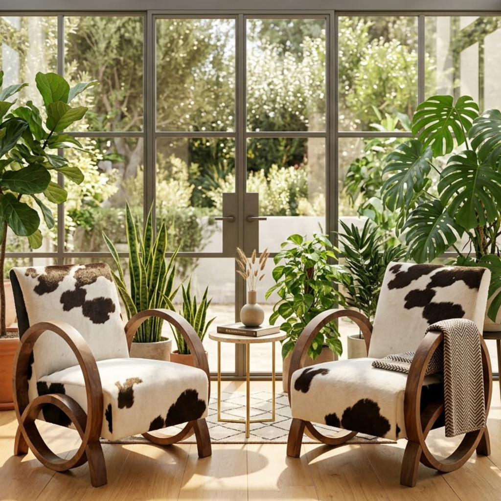 Handcrafted Moroccan Walnut Armchair with Genuine Natural Cowhide