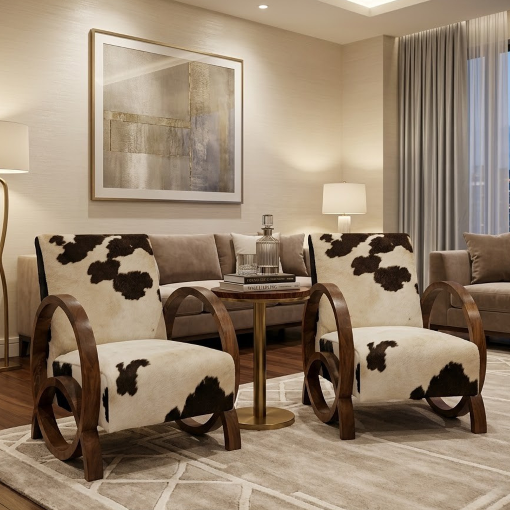 Handcrafted Moroccan Walnut Armchair with Genuine Natural Cowhide