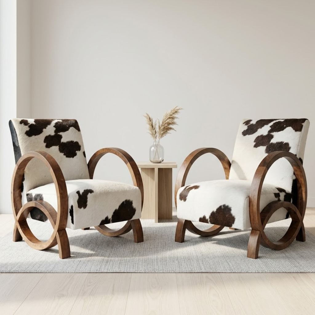 Handcrafted Moroccan Walnut Armchair with Genuine Natural Cowhide