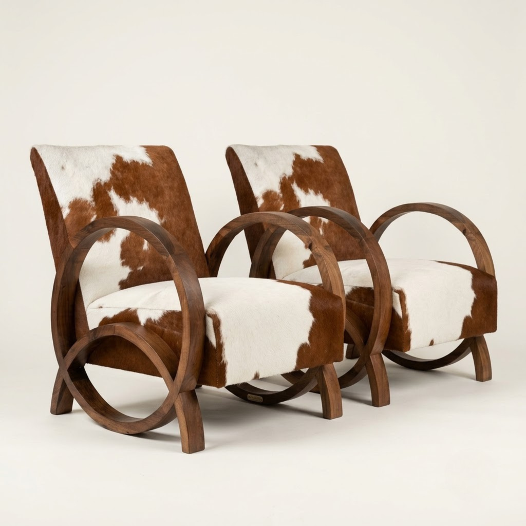 Handcrafted Moroccan Walnut Wood & Cowhide Lounge Chair
