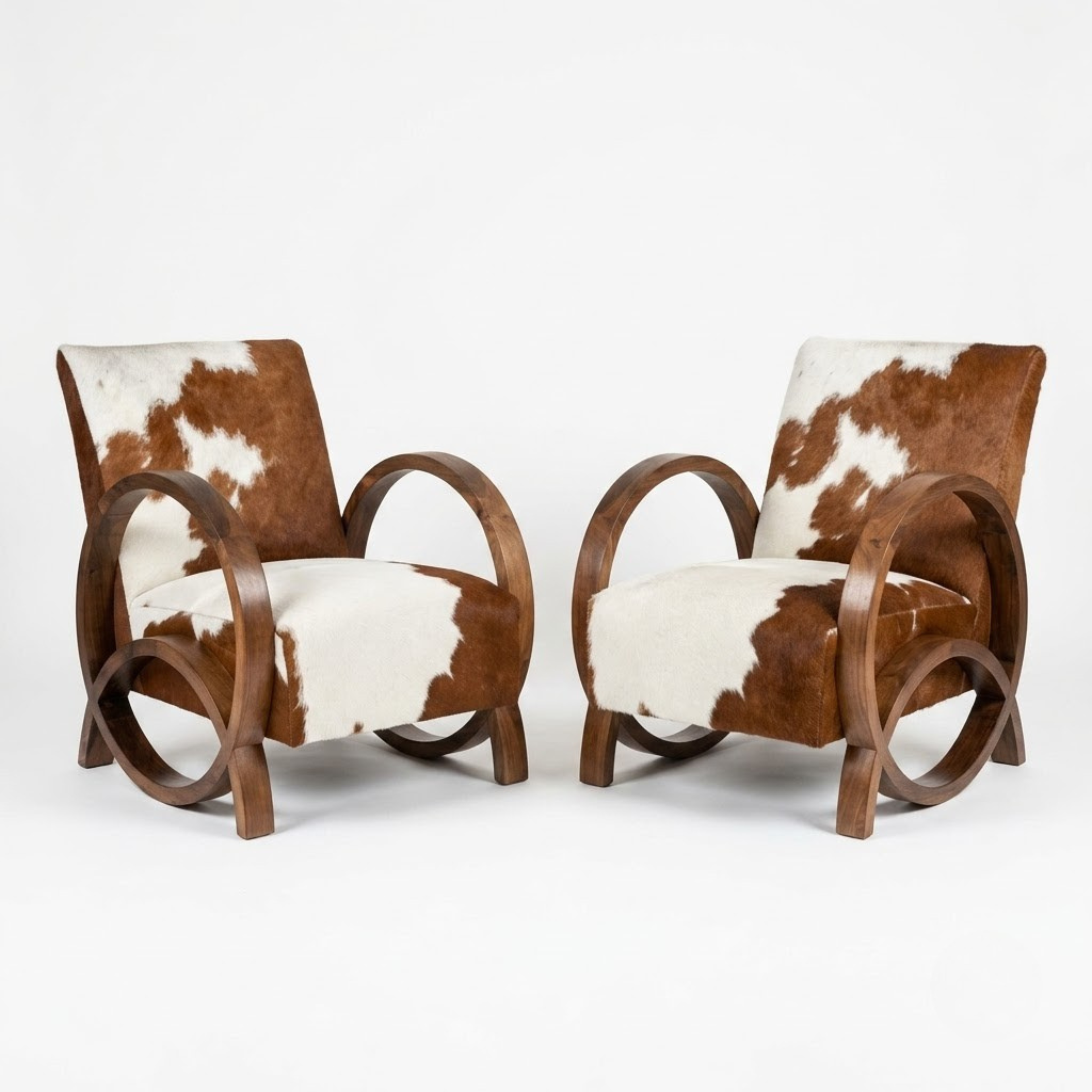Handcrafted Moroccan Walnut Wood & Cowhide Lounge Chair