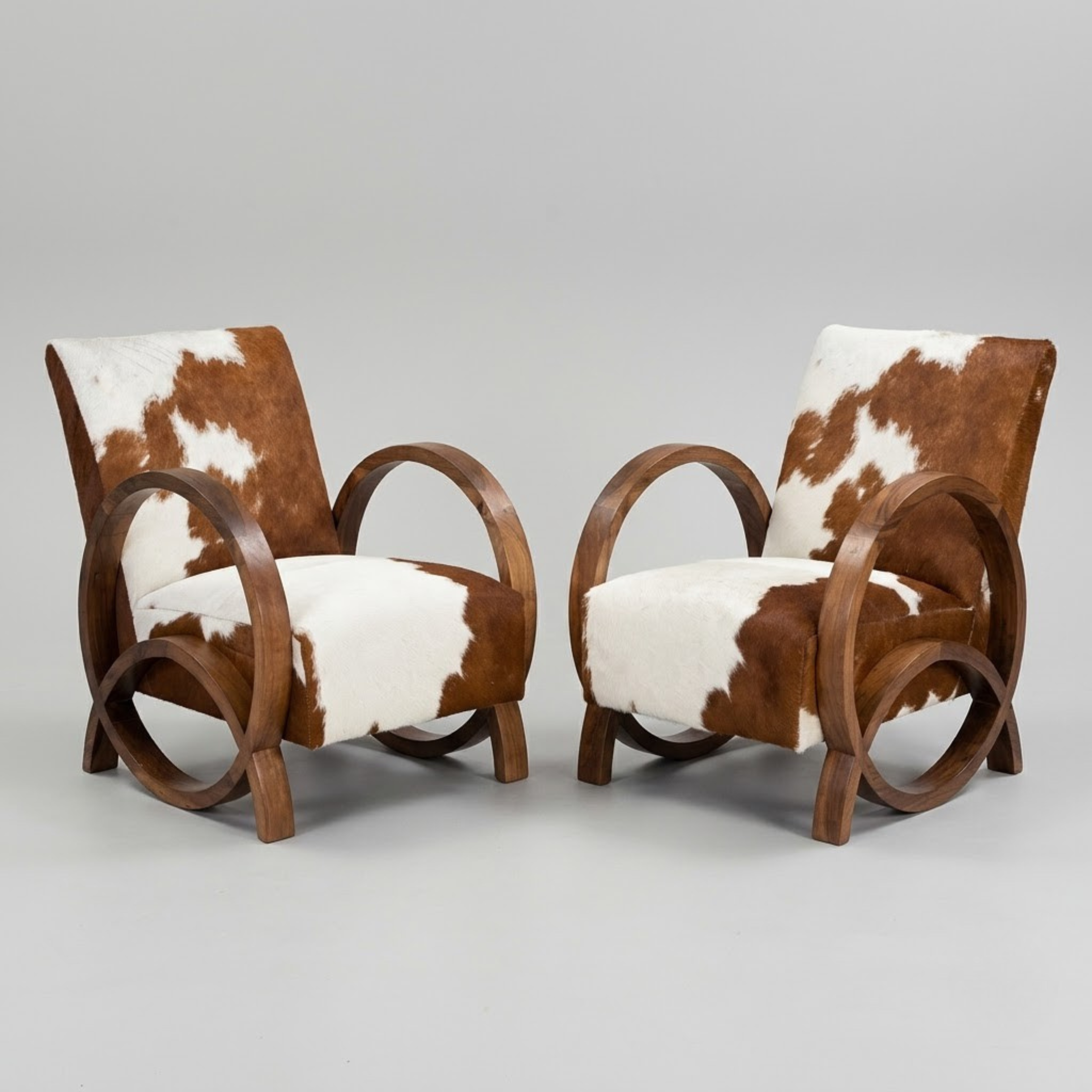 Handcrafted Moroccan Walnut Wood & Cowhide Lounge Chair