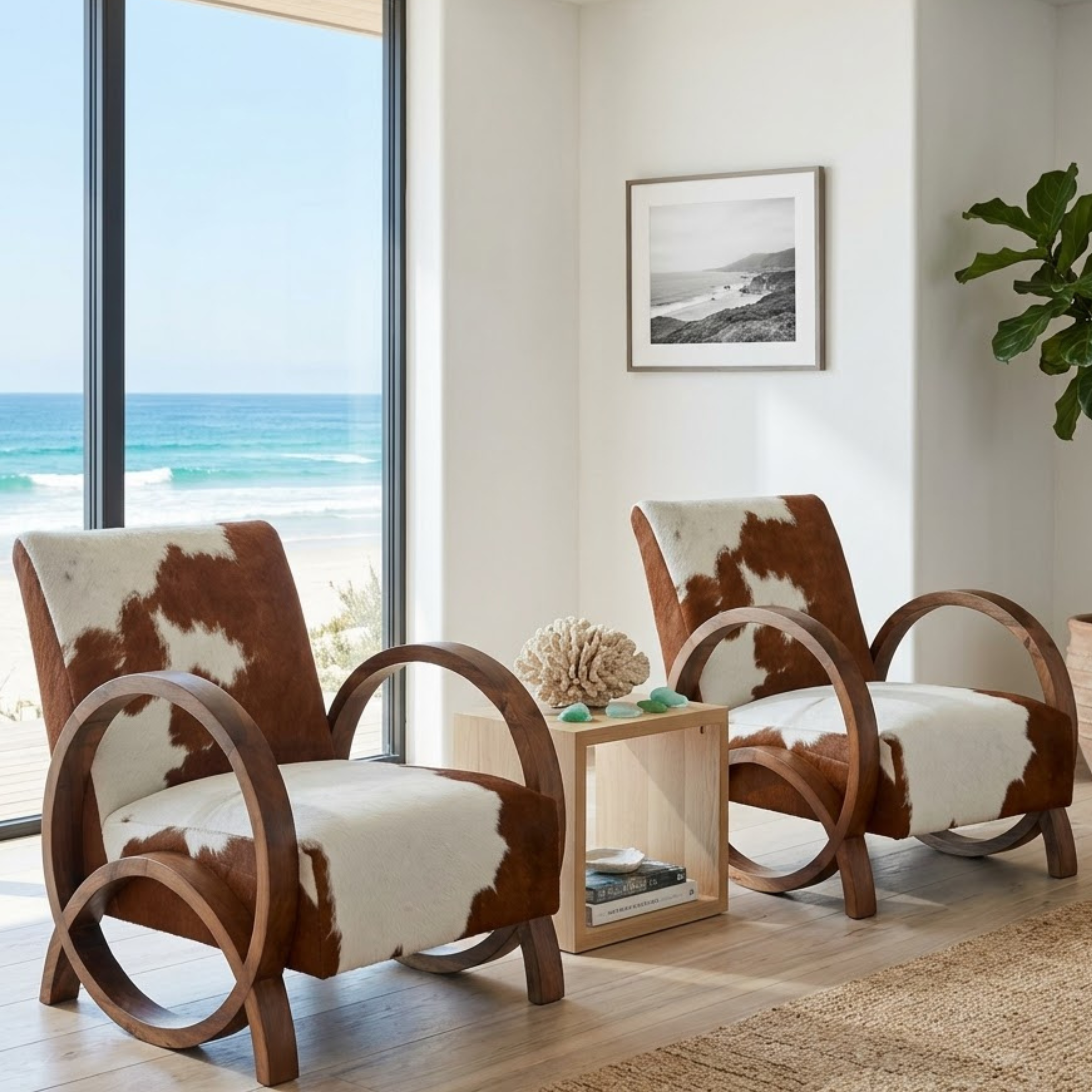 Handcrafted Moroccan Walnut Wood & Cowhide Lounge Chair