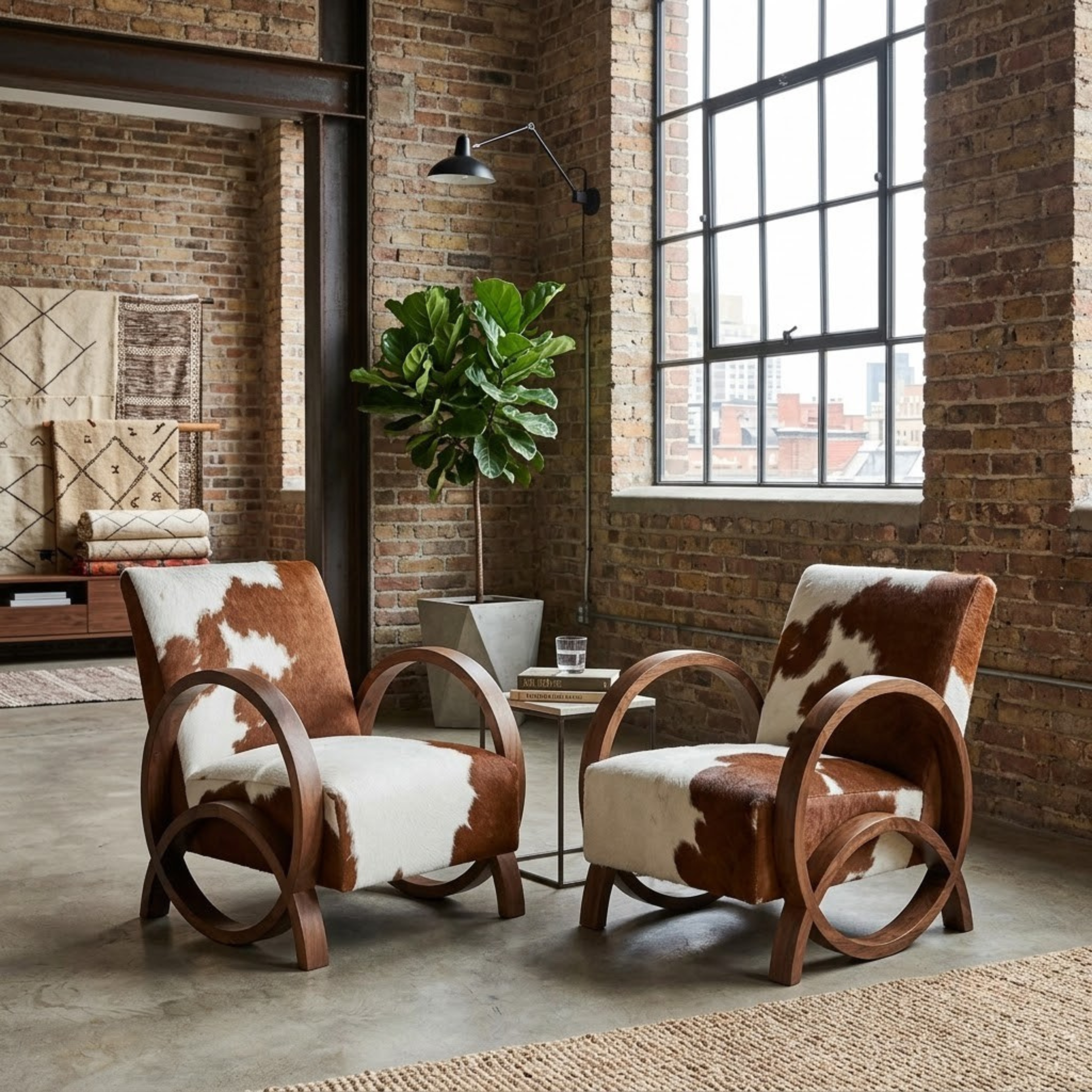 Handcrafted Moroccan Walnut Wood & Cowhide Lounge Chair